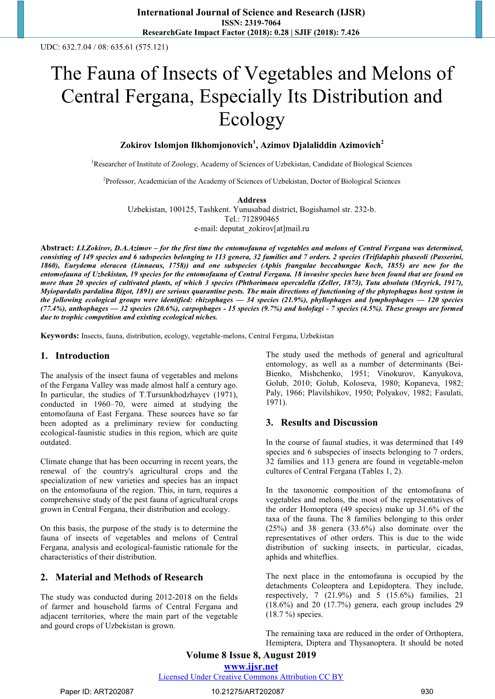 The Fauna of Insects of Vegetables and Melons of Central Fergana, Especially Its Distribution and Ecology