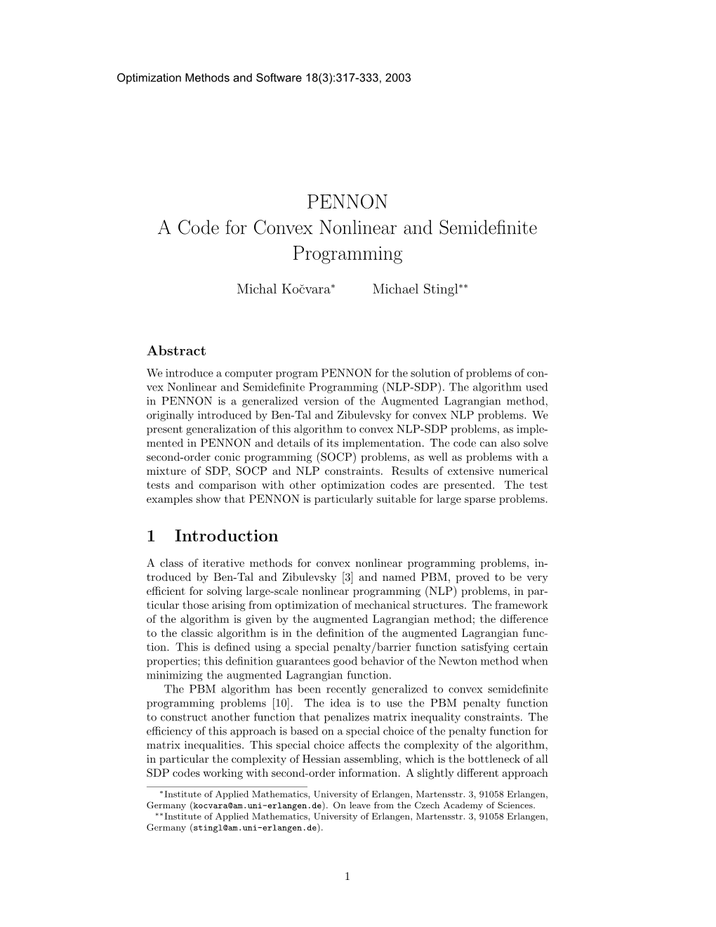 PENNON a Code for Convex Nonlinear and Semidefinite Programming