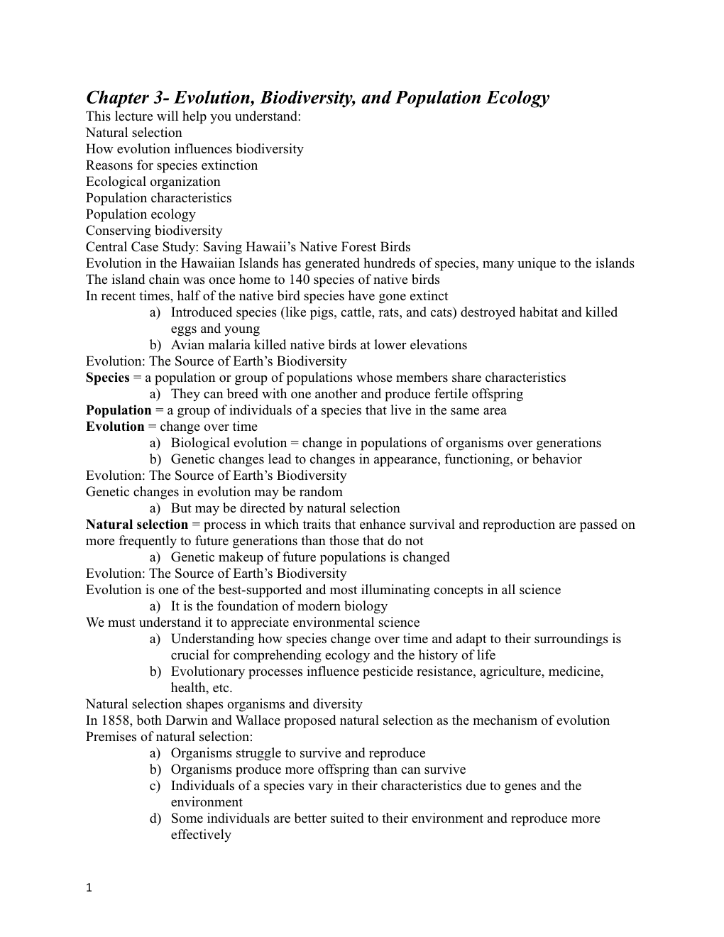 Chapter 3- Evolution, Biodiversity, and Population Ecology