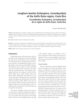 Longhorn Beetles (Coleoptera, Cerambycidae) of the Golfo Dulce Region, Costa Rica Cerambícidos (Coleoptera, Cerambycidae) De La Región De Golfo Dulce, Costa Rica