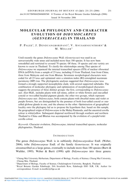 Molecular Phylogeny and Character Evolution of Didymocarpus ( Gesneriaceae)Inthailand