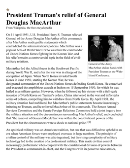 President Truman's Relief of General Douglas Macarthur from Wikipedia, the Free Encyclopedia