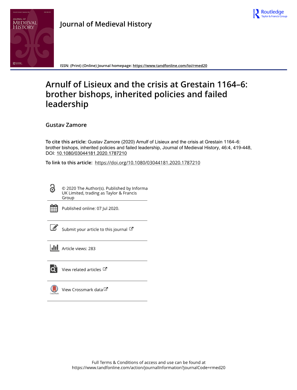 Arnulf of Lisieux and the Crisis at Grestain 1164–6: Brother Bishops, Inherited Policies and Failed Leadership