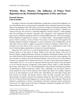 Warrior, Hero, Mentor: the Influence of Prince Peter Bagration on the Fictional Protagonists of War and Peace Kenneth Mumma Liberal Studies