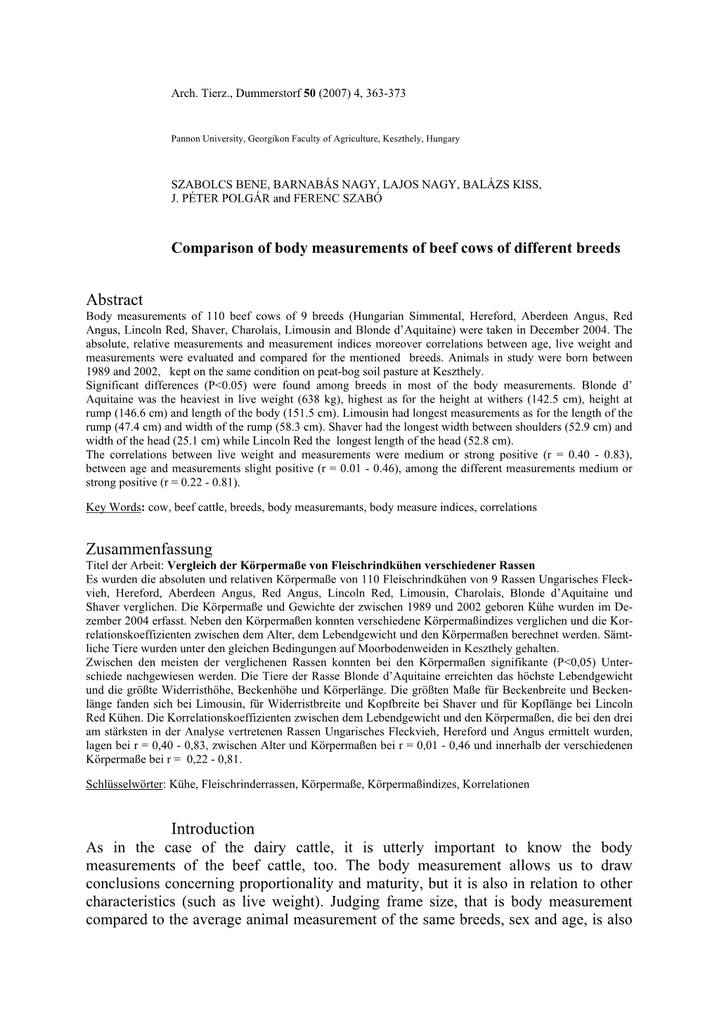 Comparison of Body Measurements of Beef Cows of Different Breeds