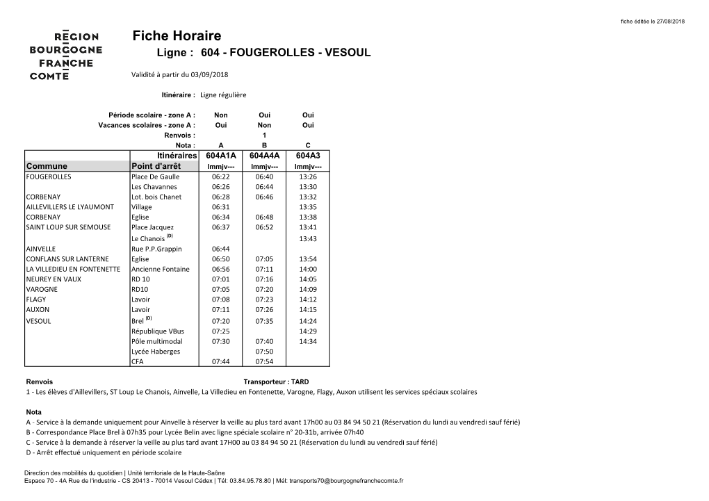 Fiche Horaire Ligne : 604 - FOUGEROLLES - VESOUL