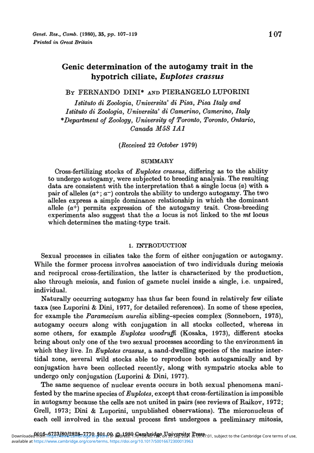 Genic Determination of the Autogamy Trait in the Hypotrich Ciliate, Euplotes