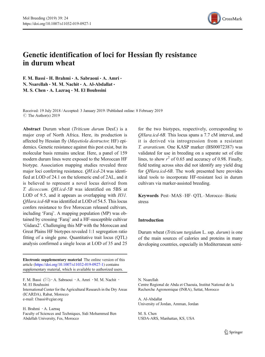 Genetic Identification of Loci for Hessian Fly Resistance in Durum Wheat