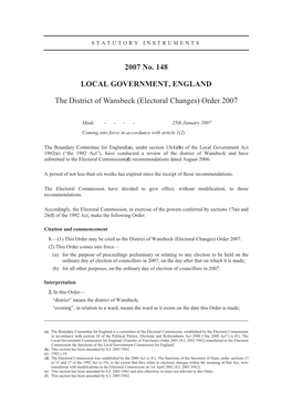2007 No. 148 LOCAL GOVERNMENT, ENGLAND the District of Wansbeck (Electoral Changes) Order 2007