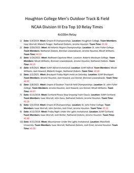 Houghton College Men's Outdoor Track & Field NCAA Division III Era Top 10 Relay Times