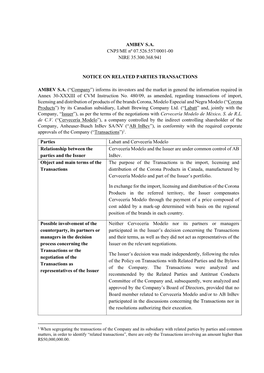 AMBEV S.A. CNPJ/ME Nº 07.526.557/0001-00 NIRE 35.300.368.941 NOTICE on RELATED PARTIES TRANSACTIONS AMBEV S.A. (“Company”)