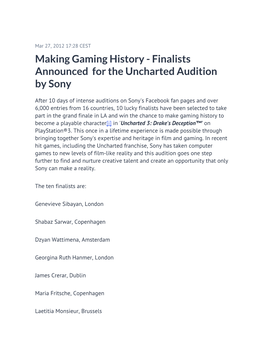 Finalists Announced for the Uncharted Audition by Sony