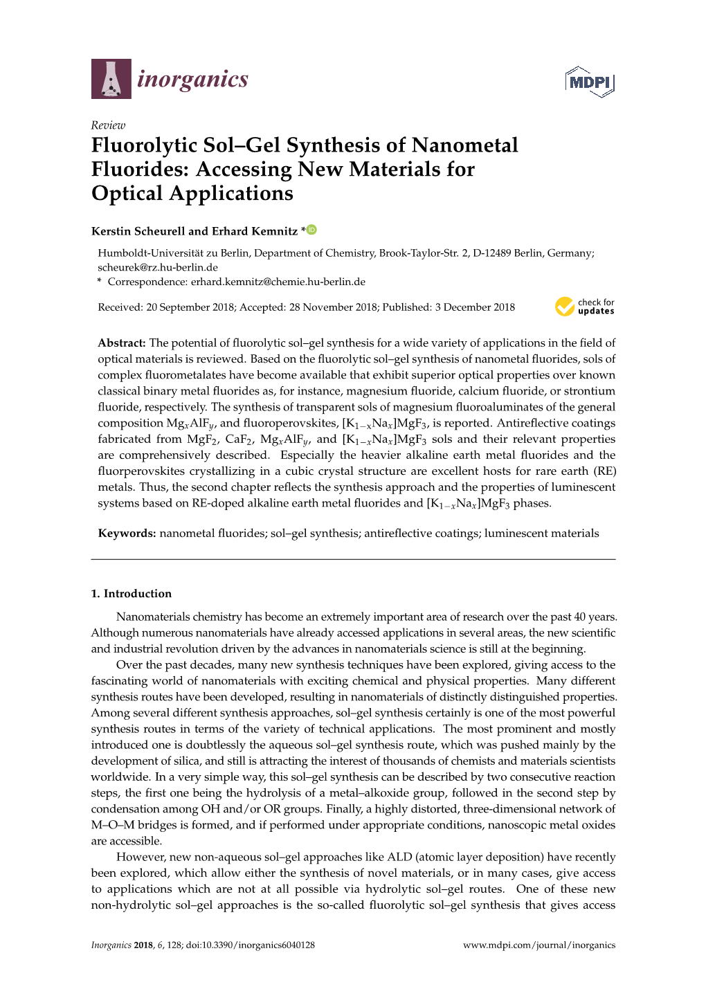 Fluorolytic Sol–Gel Synthesis of Nanometal Fluorides: Accessing New Materials for Optical Applications