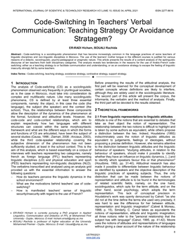 Code-Switching in Teachers' Verbal Communication: Teaching Strategy Or Avoidance Stratagem?