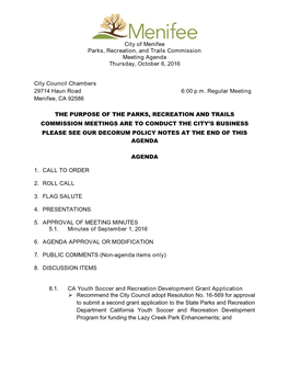 City of Menifee Parks, Recreation, and Trails Commission Meeting Agenda Thursday, October 6, 2016