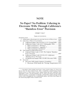 NOTE No Paper? No Problem: Ushering in Electronic Wills Through California’S “Harmless Error” Provision