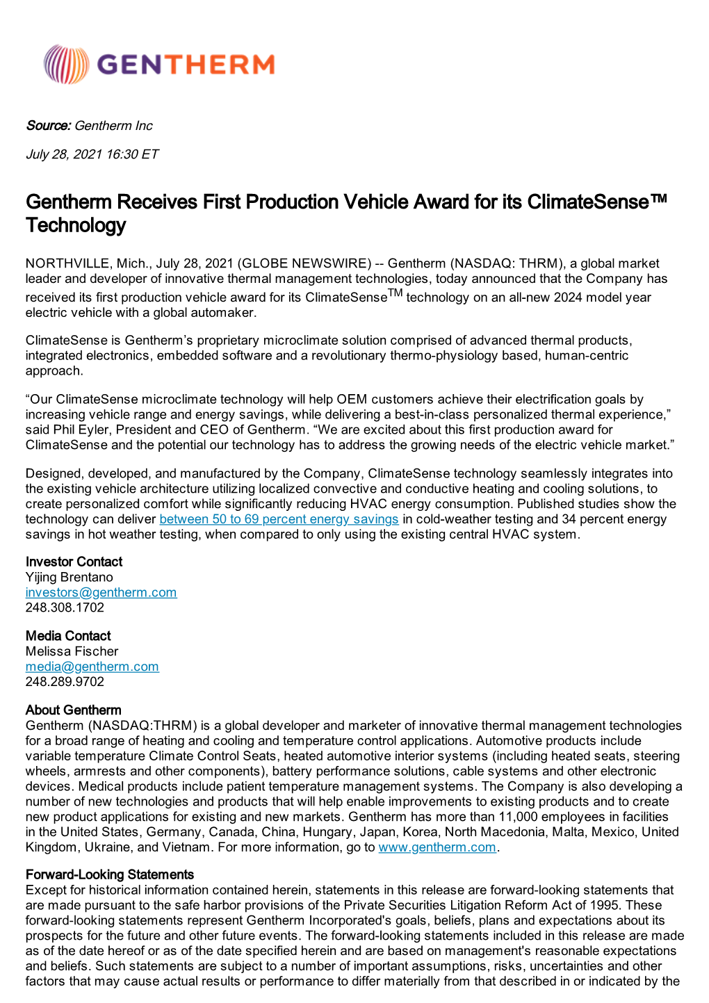 Gentherm Receives First Production Vehicle Award for Its Climatesense™ Technology