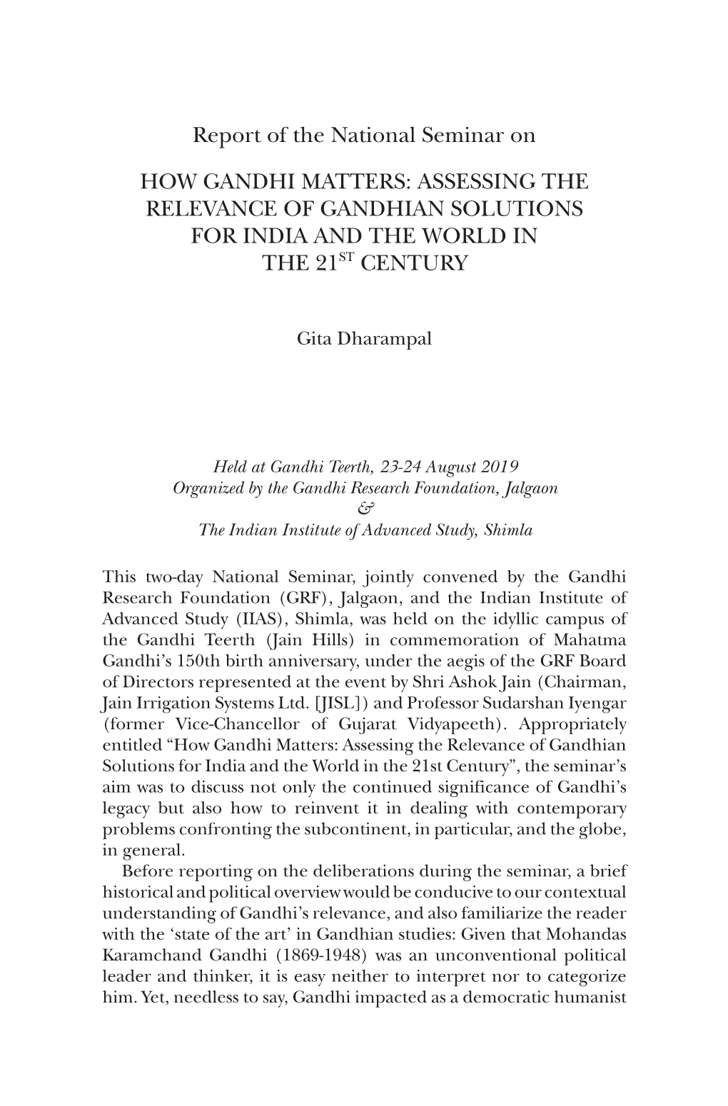 Report of the National Seminar on HOW GANDHI MATTERS