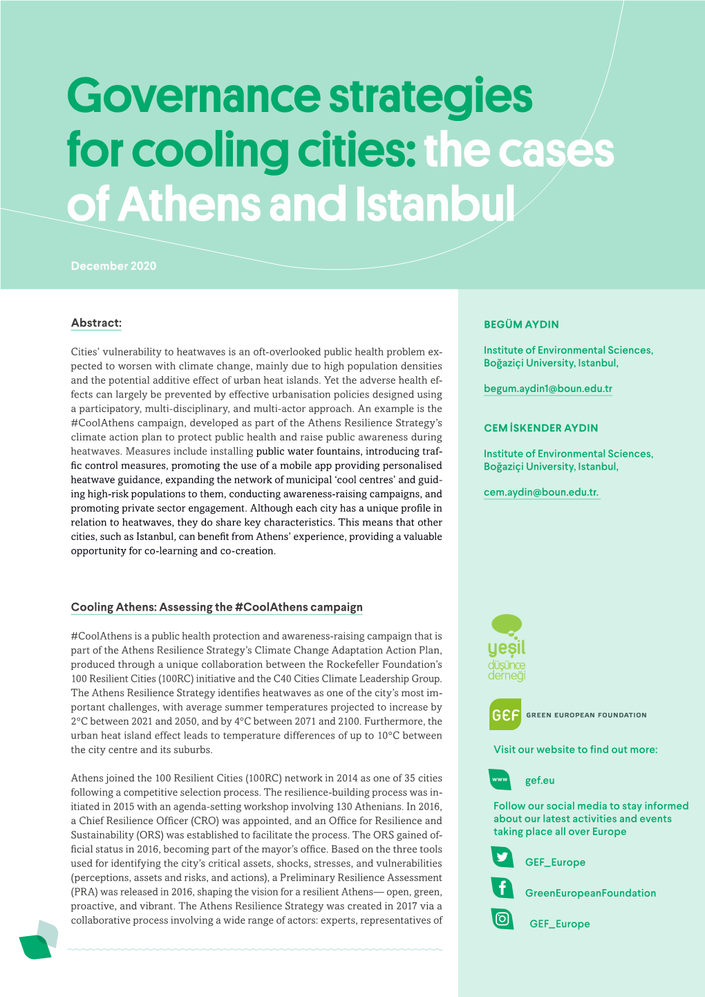 Governance Strategies for Cooling Cities: the Cases of Athens and Istanbul