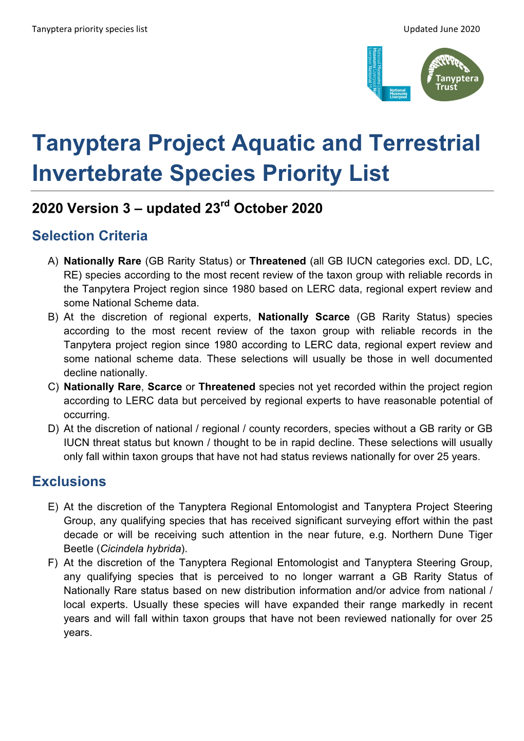 Tanyptera Project Aquatic and Terrestrial Invertebrate Species Priority List