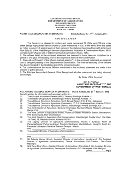 DEPARTMENT of AGRICULTURE NO:303 -Estab (Dte)AG/O/12A-37/2007(Part-I) Dated, Kolkata, the 27 Th January, 2012 N O T I F I C