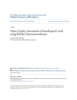 Water Quality Assessment of Irondequoit Creek Using Benthic Macroinvertebrates Nichelle Bailey-Billhardt the College at Brockport, Nbillhardt@Lewiscountyny.Org