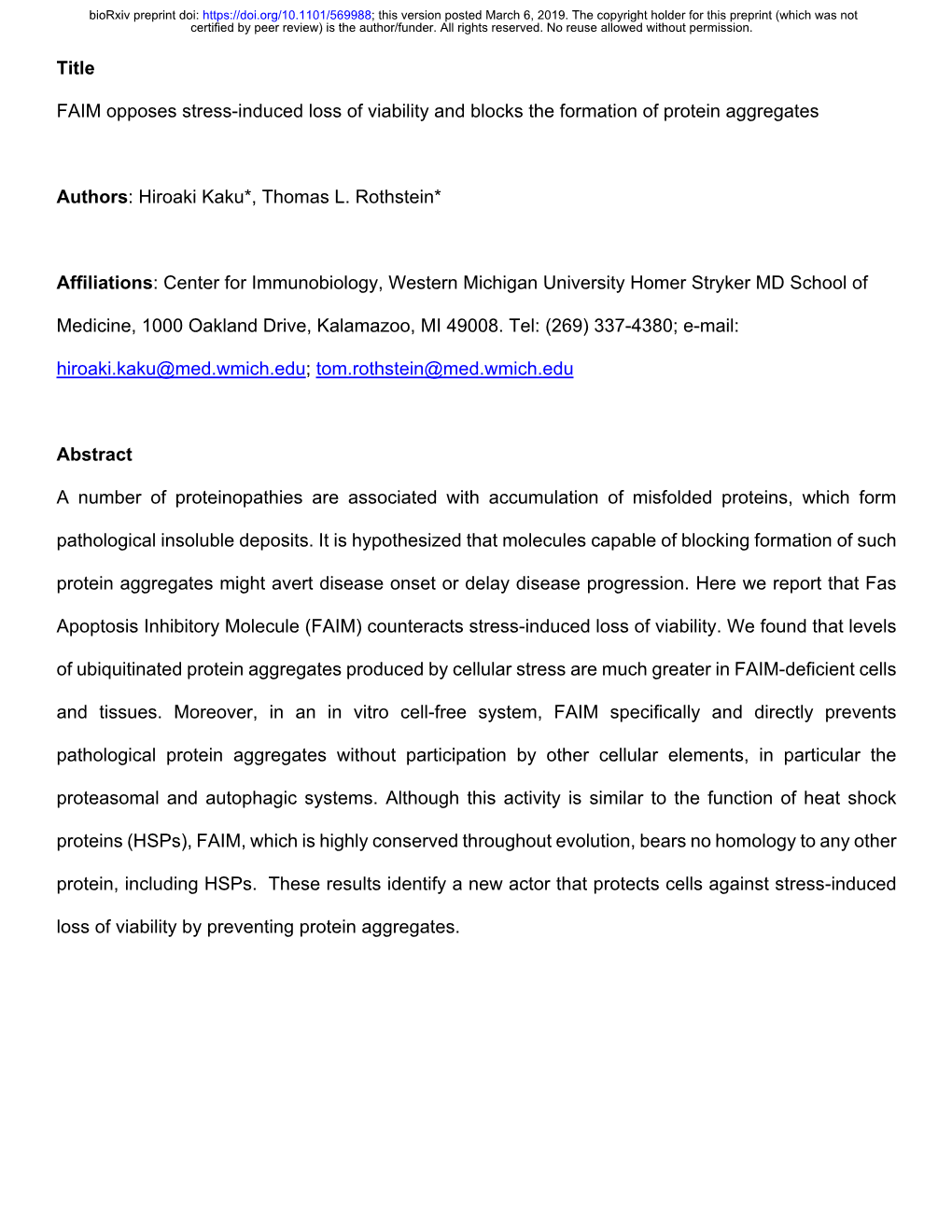 FAIM Opposes Stress-Induced Loss of Viability and Blocks the Formation of Protein Aggregates