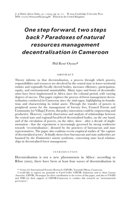 Paradoxes of Natural Resources Management Decentralisation in Cameroon