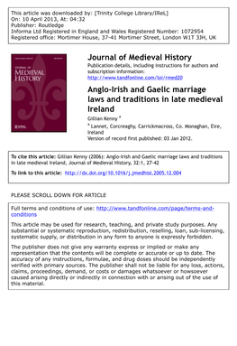 Anglo-Irish and Gaelic Marriage Laws and Traditions in Late Medieval Ireland Gillian Kenny a a Lannet, Corcreaghy, Carrickmacross, Co