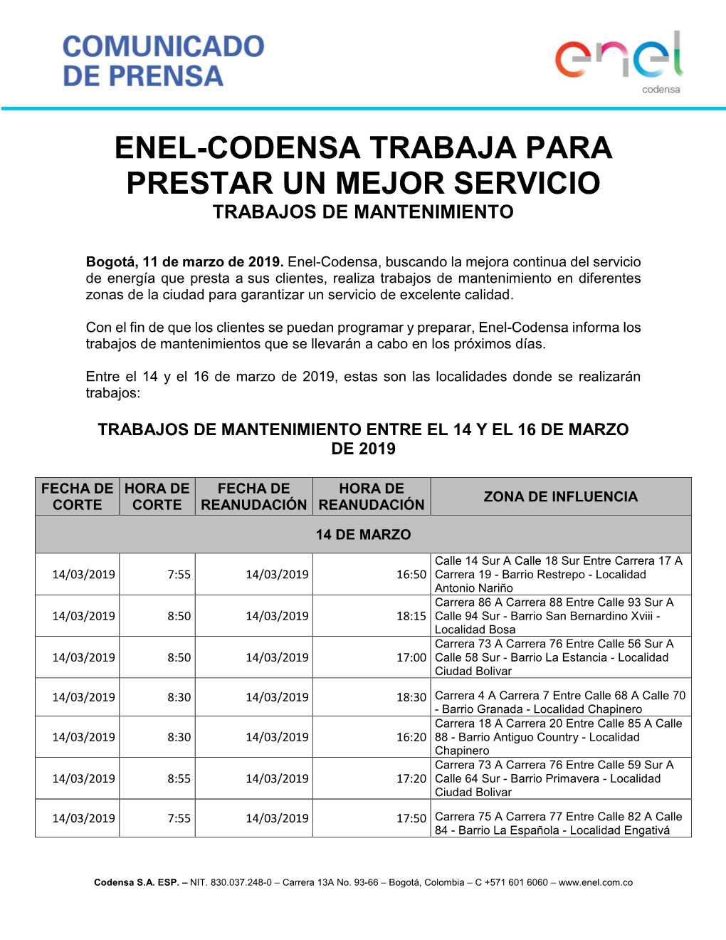 Enel-Codensa Trabaja Para Prestar Un Mejor Servicio Trabajos De Mantenimiento