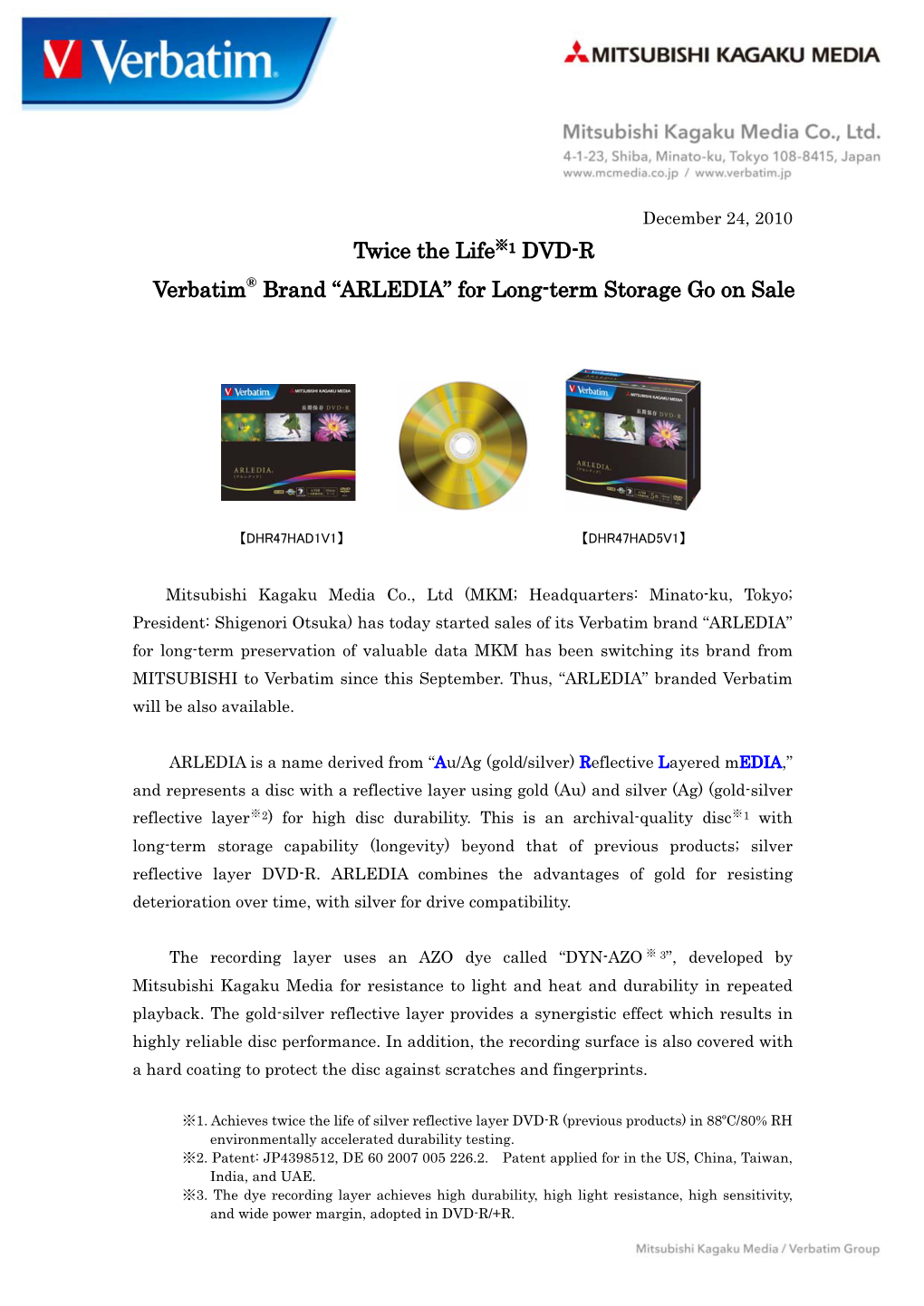 Twice the Life※1 DVD-R Verbatim® Brand “ARLEDIA” for Long-Term Storage Go on Sale