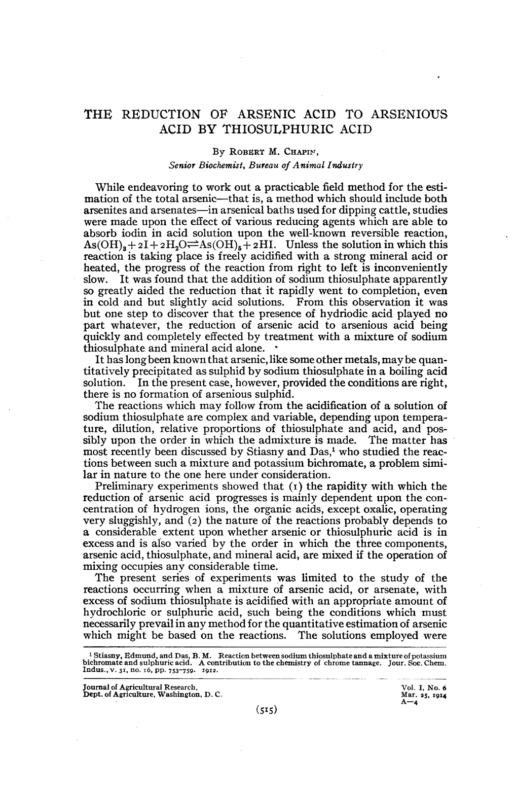 The Reduction of Arsenic Acid to Arsenious Acid by Thiosulphuric Acid