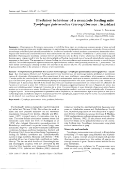 Predatory Behaviour of a Nematode Feeding Mite Tyrophagus Putrescentiae (Sarcoptiformes : Acaridae)
