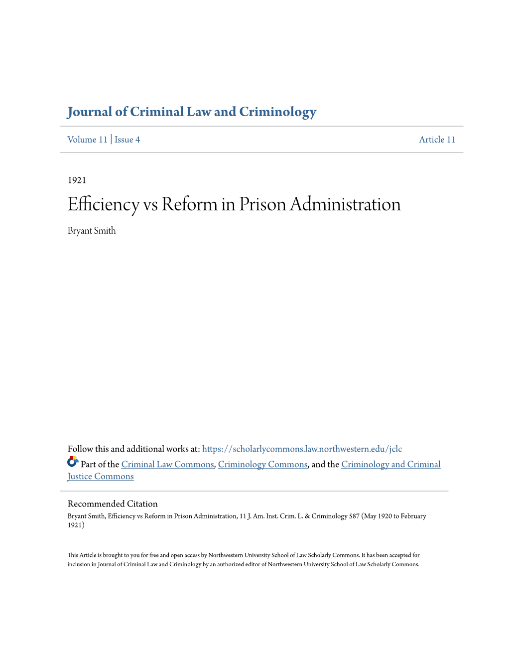 Efficiency Vs Reform in Prison Administration Bryant Smith
