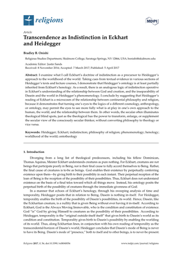 Transcendence As Indistinction in Eckhart and Heidegger