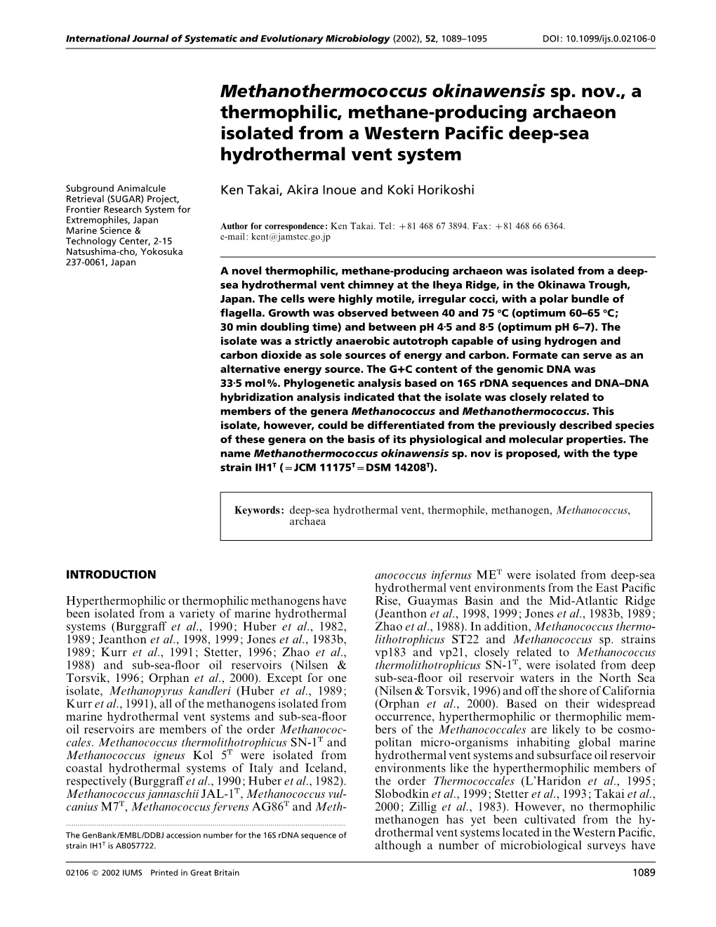 Methanothermococcus Okinawensis Sp. Nov., a Thermophilic, Methane-Producing Archaeon Isolated from a Western Paciﬁc Deep-Sea Hydrothermal Vent System