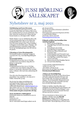 Nyhetsbrev Nr 2, Maj 2021 ______Vårhälsning Med Lars Cleveman Går Att Genomföra