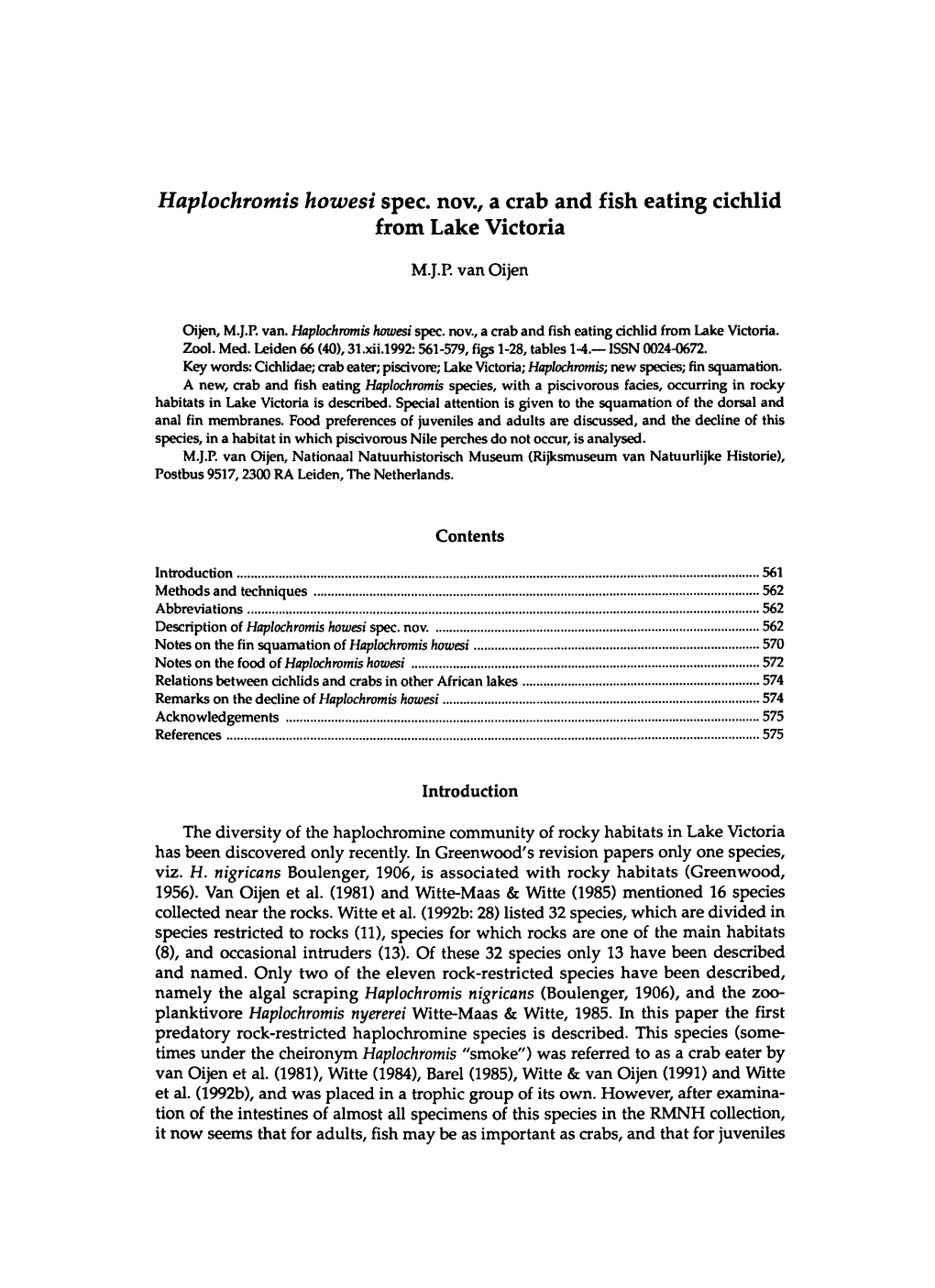 Haplochromis Hozvesi Spec, Nov., a Crab and Fish Eating Cichlid from Lake Victoria