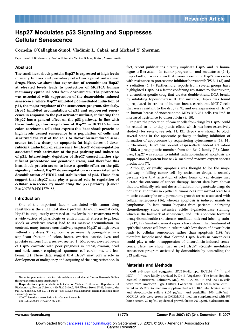 Hsp27 Modulates P53 Signaling and Suppresses Cellular Senescence