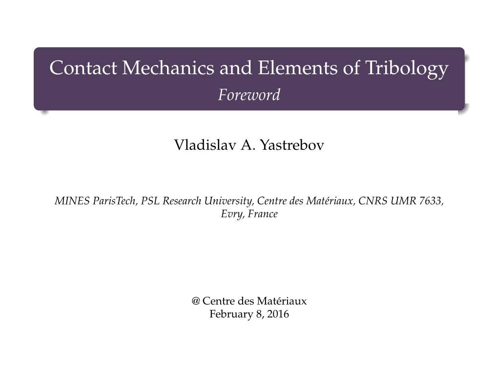 Contact Mechanics and Elements of Tribology 5Pt Foreword