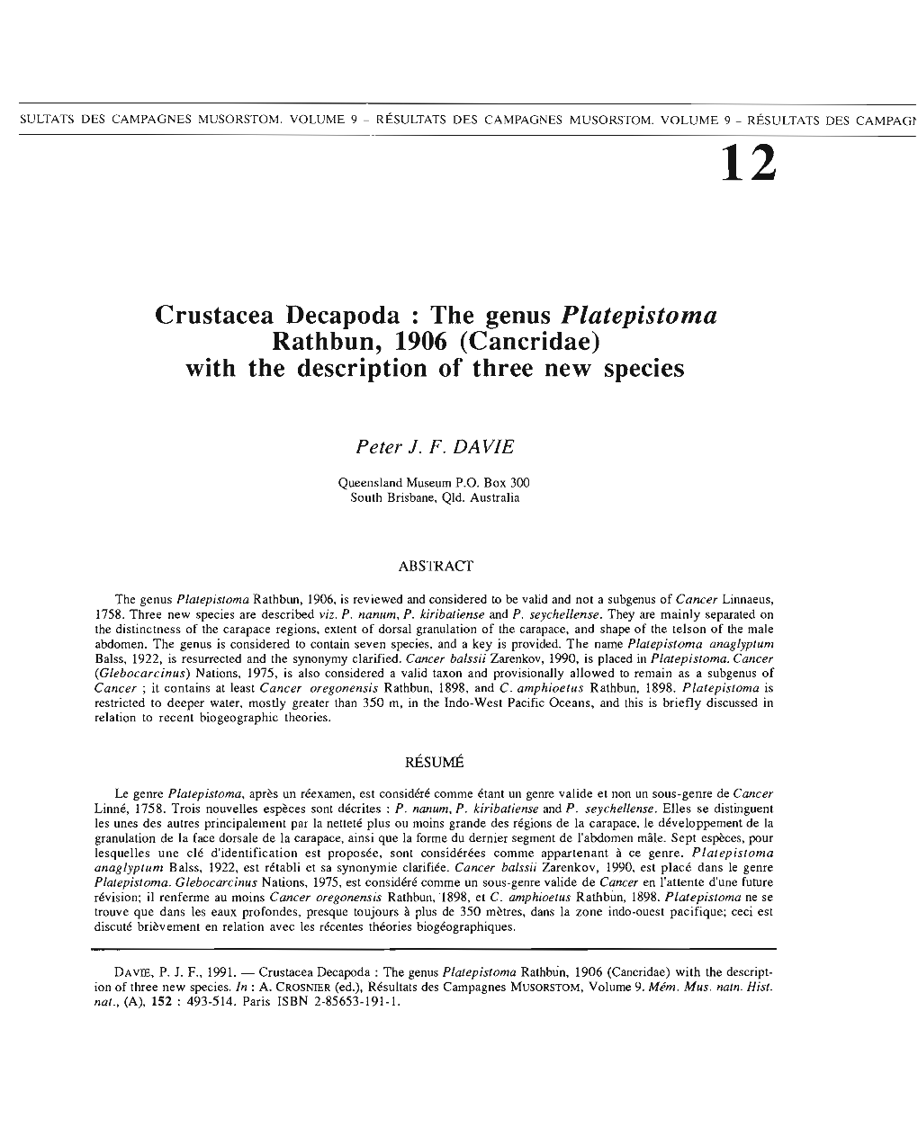 Résultats Des Campagnes MUSORSTOM : Volume 9