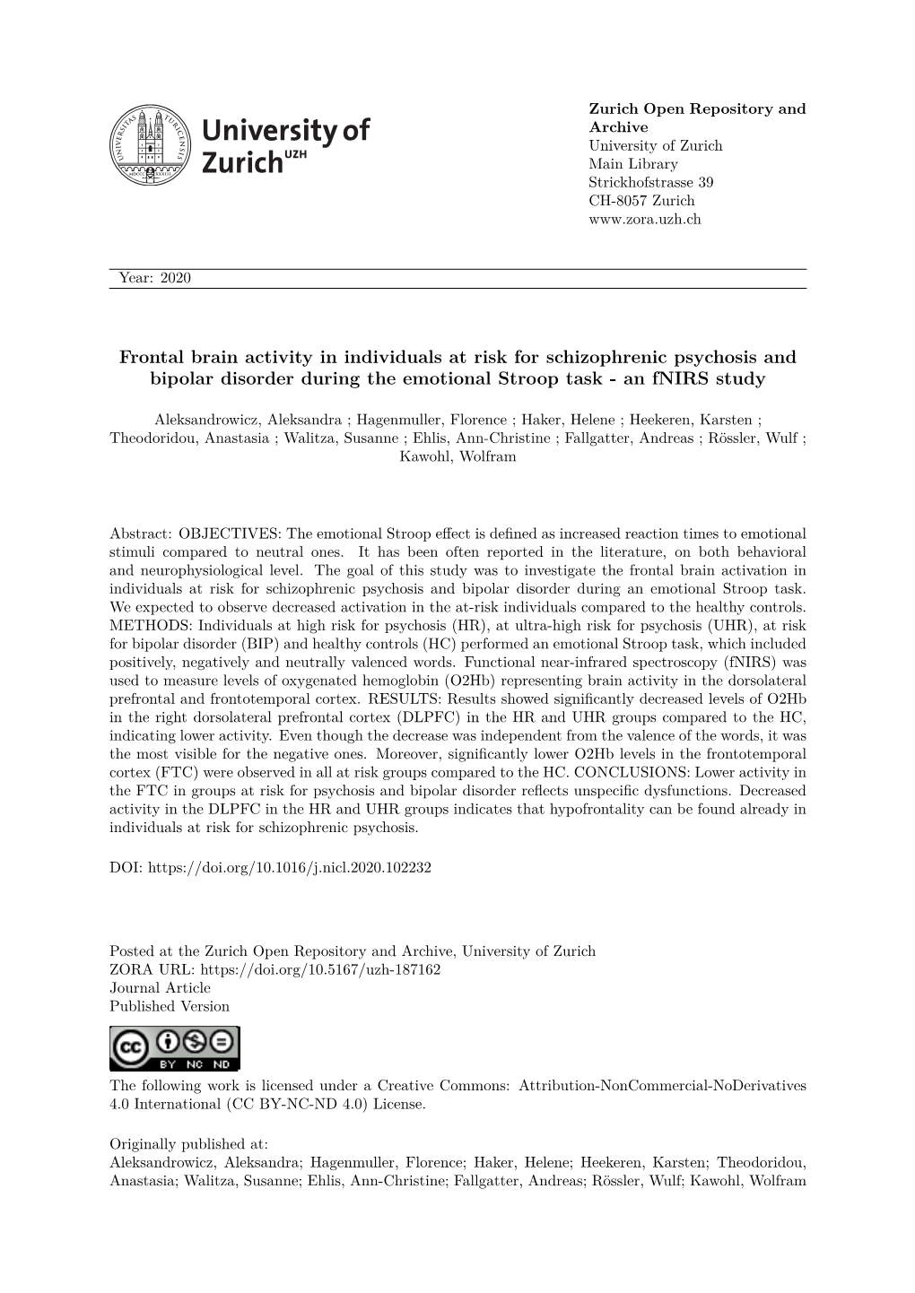 Frontal Brain Activity in Individuals at Risk for Schizophrenic Psychosis and Bipolar Disorder During the Emotional Stroop Task - an Fnirs Study