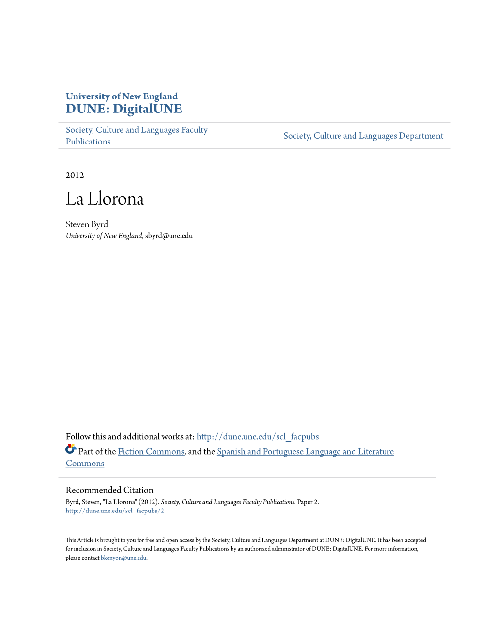 La Llorona Steven Byrd University of New England, Sbyrd@Une.Edu