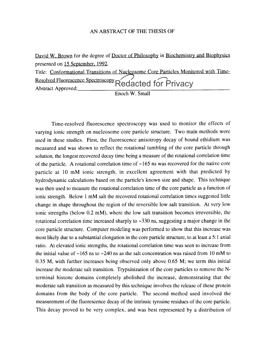 Conformational Transitions of Nucleosome Core Particles Monitored with Time- Resolved Fluorescence Spectroscopyredacted for Privacy Abstract Approved: Enoch W