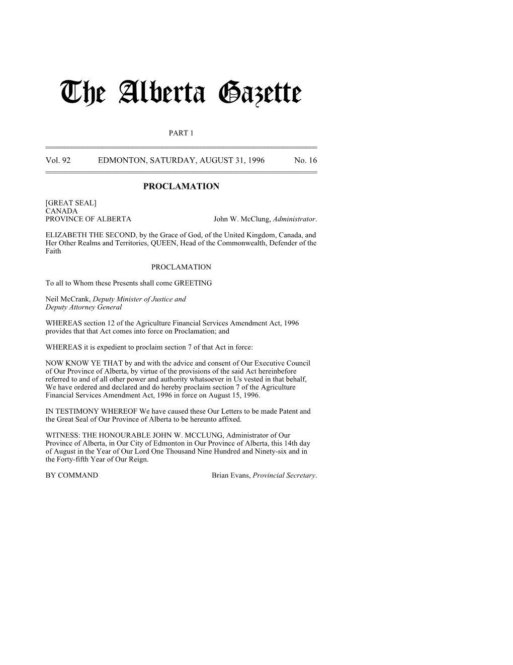 The Alberta Gazette, Part I, August 31, 1996