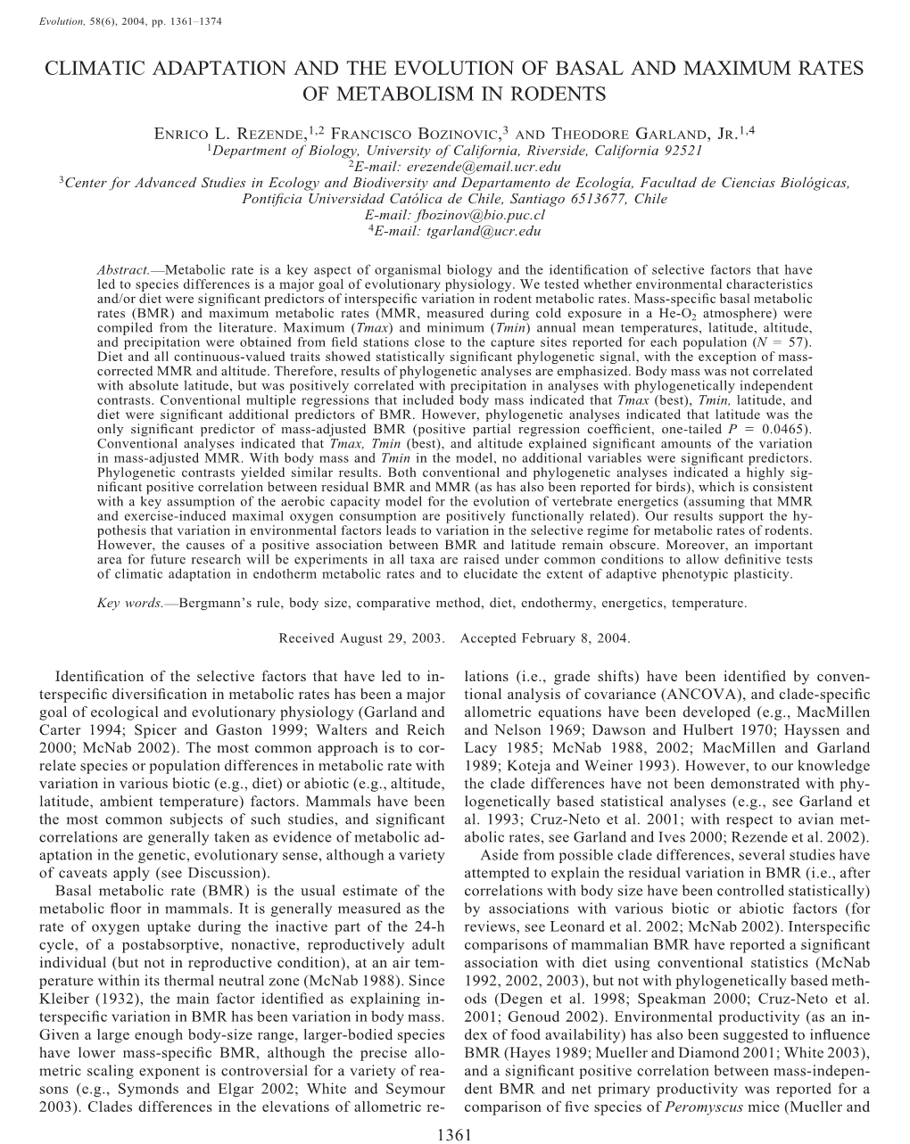 Climatic Adaptation and the Evolution of Basal and Maximum Rates of Metabolism in Rodents