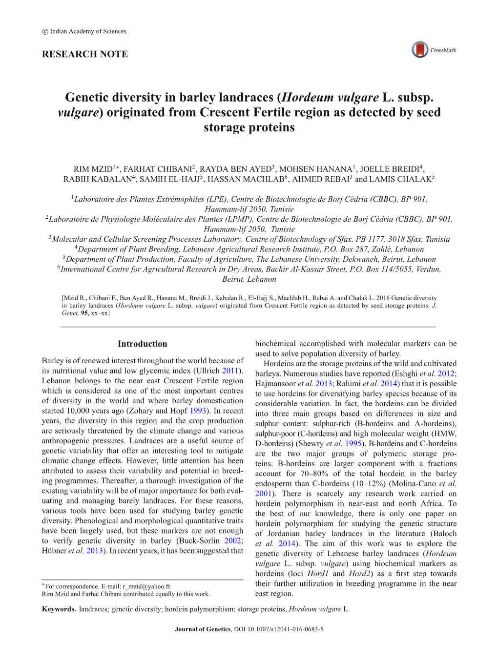 Genetic Diversity in Barley Landraces (Hordeum Vulgare L. Subsp. Vulgare) Originated from Crescent Fertile Region As Detected by Seed Storage Proteins