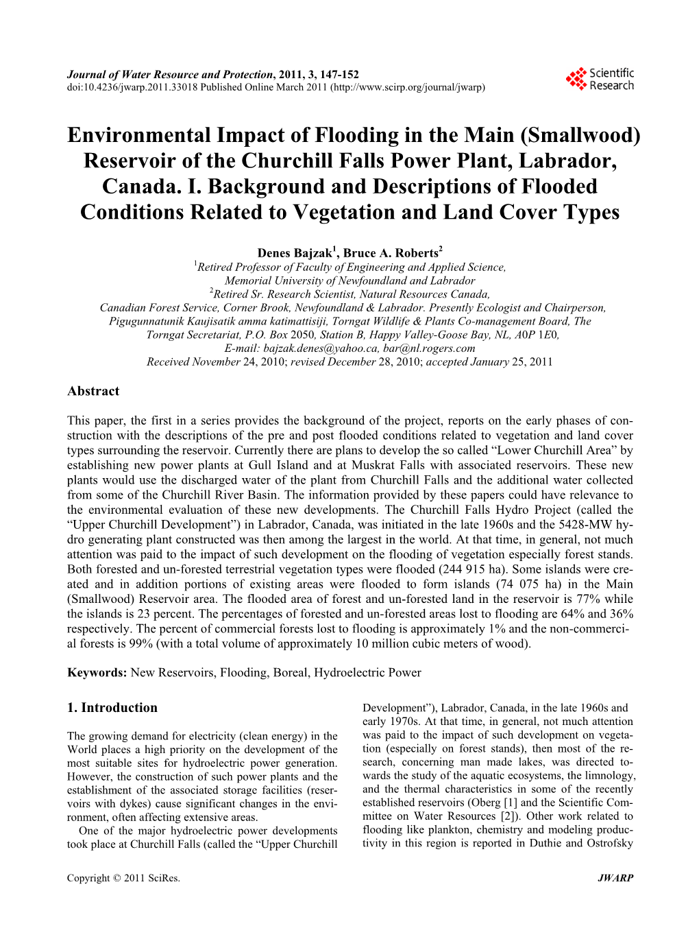 Environmental Impact of Flooding in the Main (Smallwood) Reservoir of the Churchill Falls Power Plant, Labrador, Canada