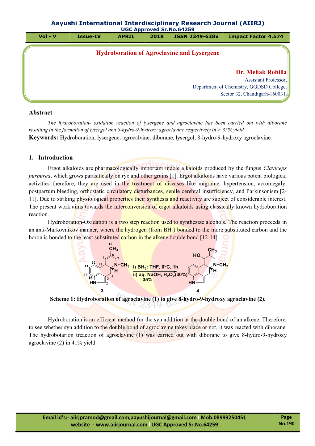 Hydroboration of Agroclavine and Lysergene Dr. Mehak Rohilla