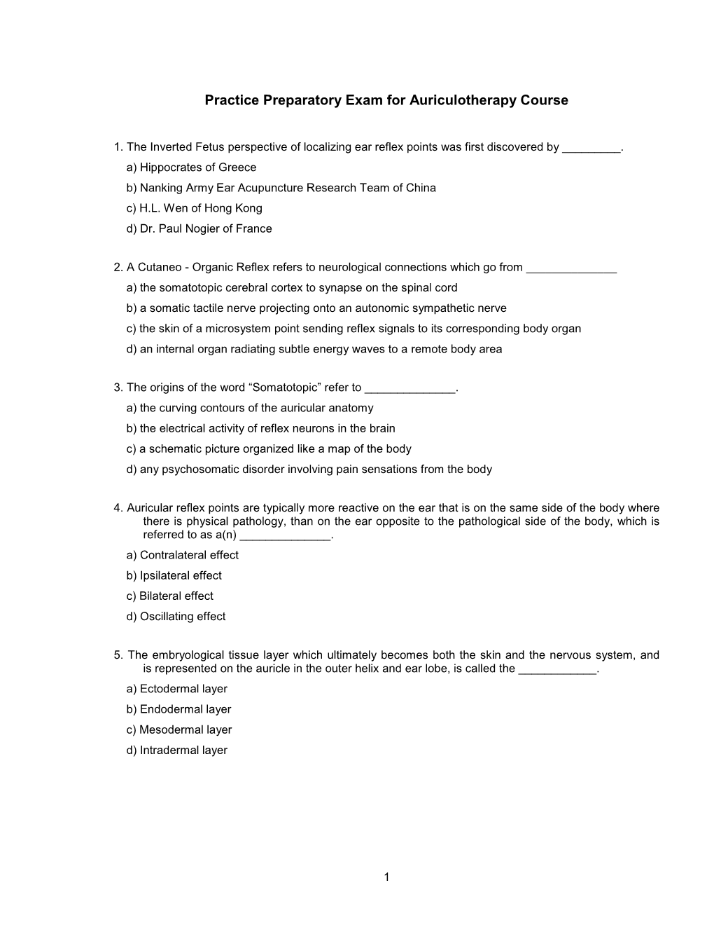 Practice Preparatory Exam for Auriculotherapy Course